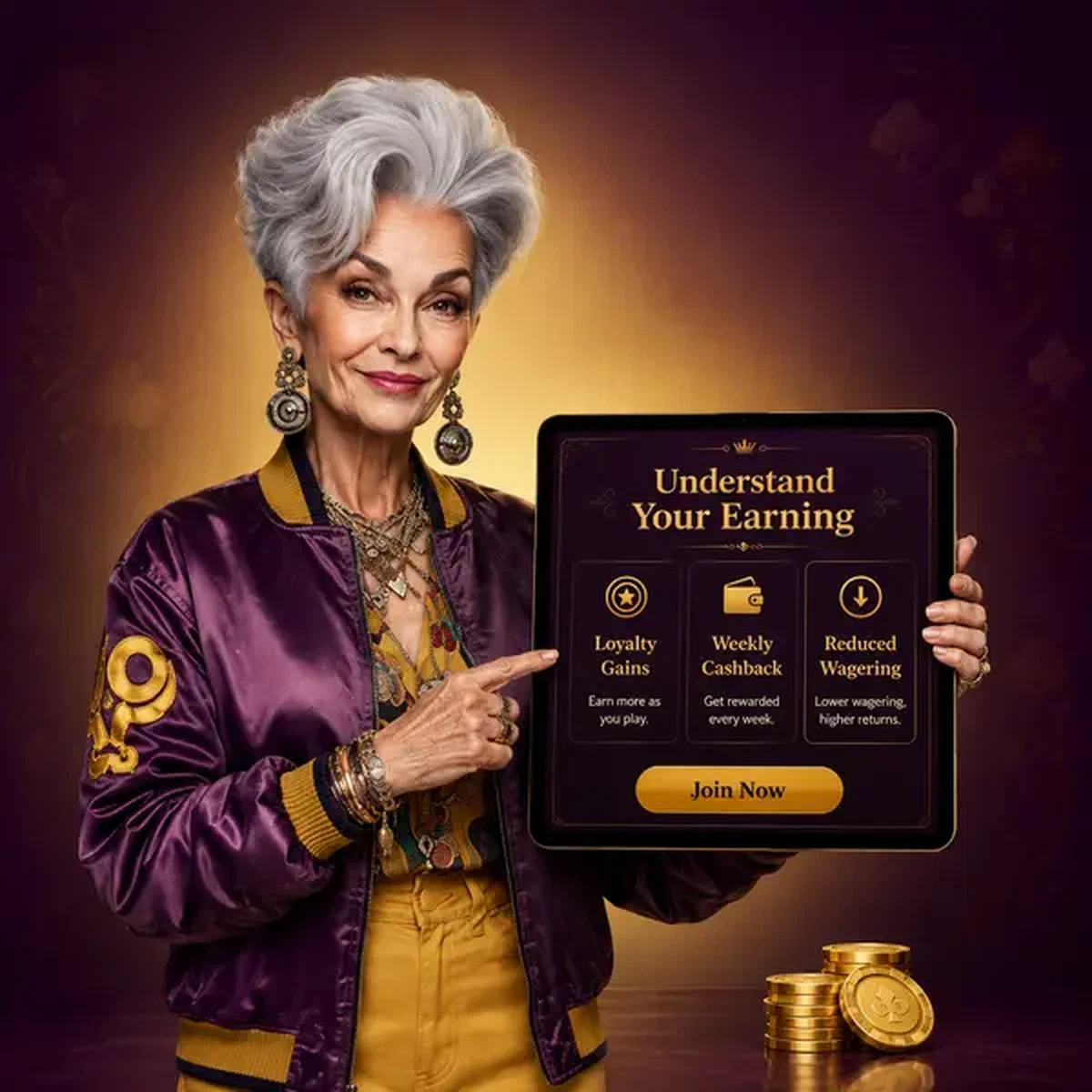 Elegante Frau präsentiert Treue-Dashboard mit Bonus ohne Einzahlung Vorteilen im Gaming-Portal