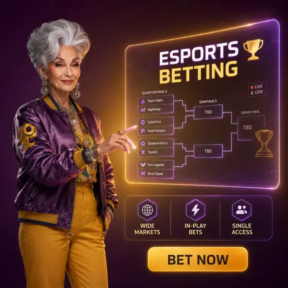 Card Shark Frau, die sich mit Esport-Wett-Displays bei Spin Granny holografischen Turnier-Brackets beschäftigt
