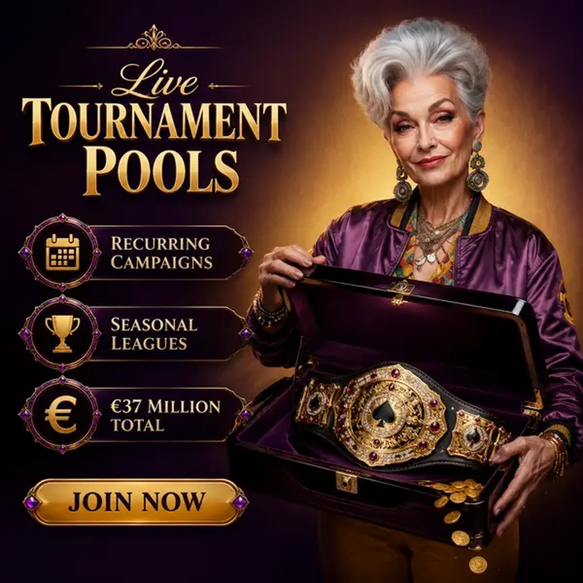 Der Card Shark präsentiert Meisterschaftsgürtel bei Spin Granny Live-Casino-Turnierdarstellung