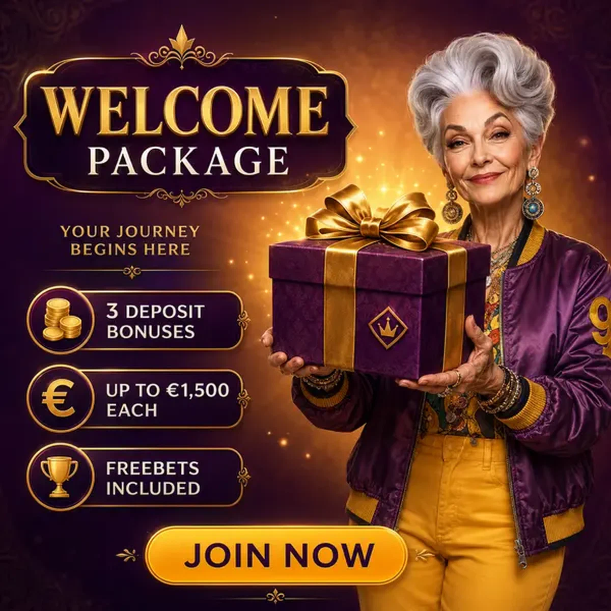 Elegante ältere Dame präsentiert Willkommenspaket im Spin Granny Sportwetten-Portal