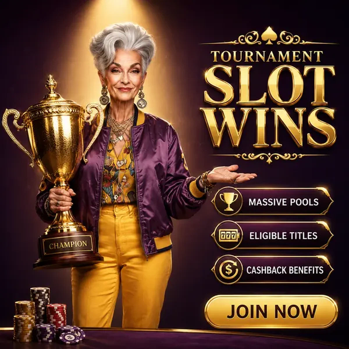 Elegante Siegerin hält goldene Trophäe bei Tournament-Eligible Spin Granny Free Slots Siegesfeier