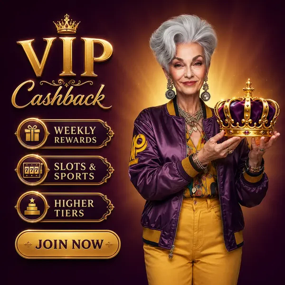 Elegante Frau präsentiert VIP Cashback Stack Bonuskrone in luxuriösem Casino-Setting