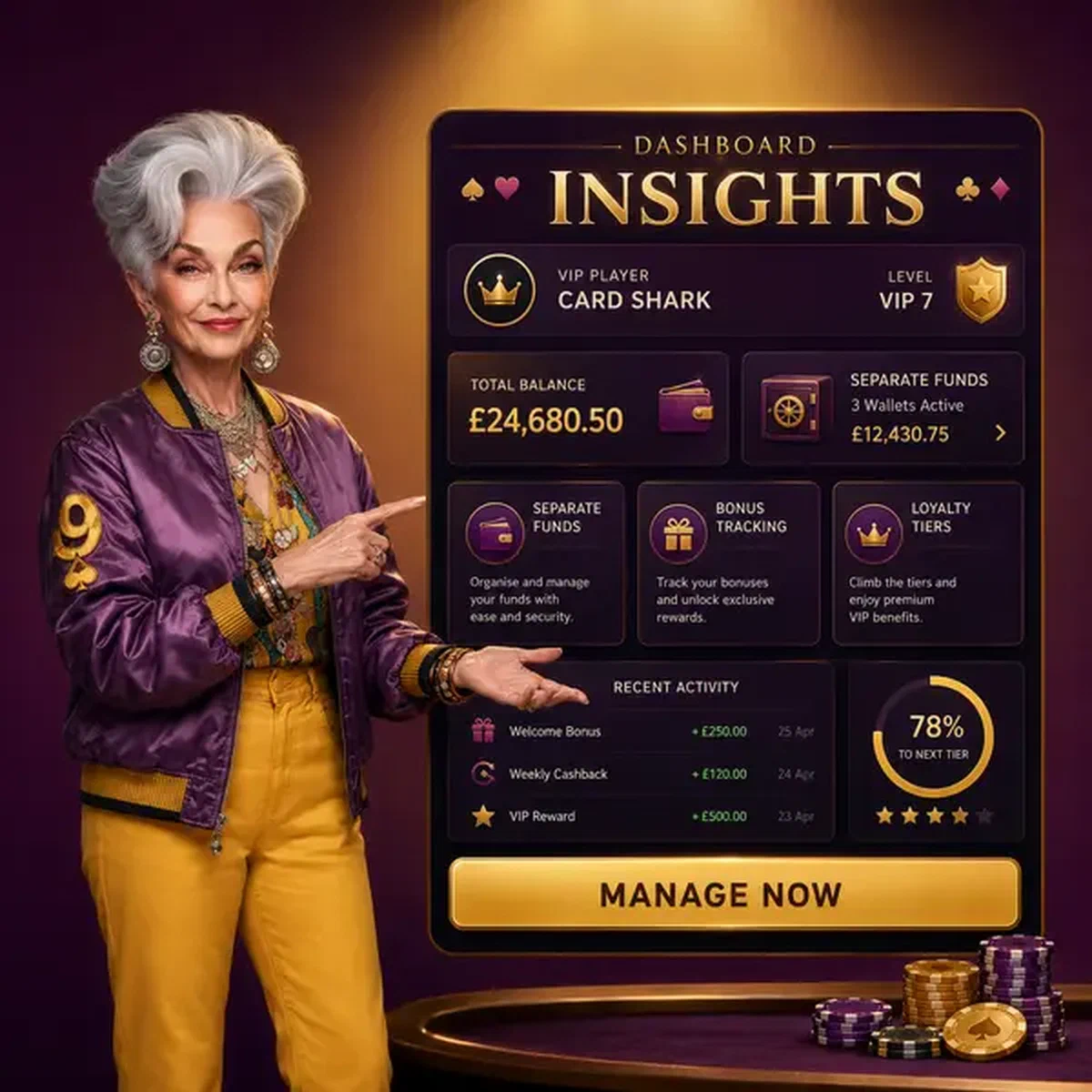 Elegante Dame verwaltet selbstbewusst ihr Spin Granny Casino Login-Dashboard