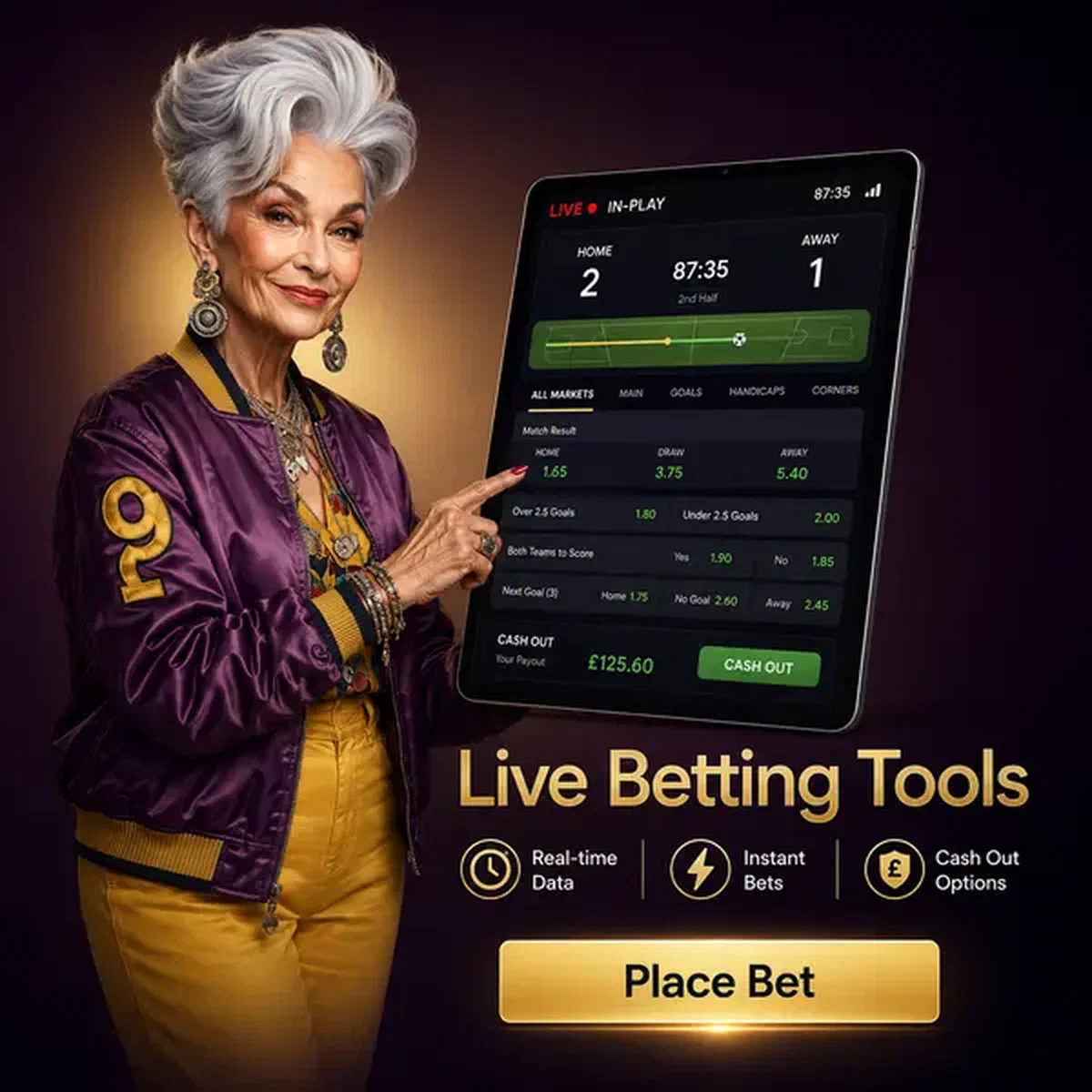 Elegante Frau, die Esport-Wett-Tools auf leuchtendem Tablet bei Live-Betting-Tools und In-Play-Features verwendet