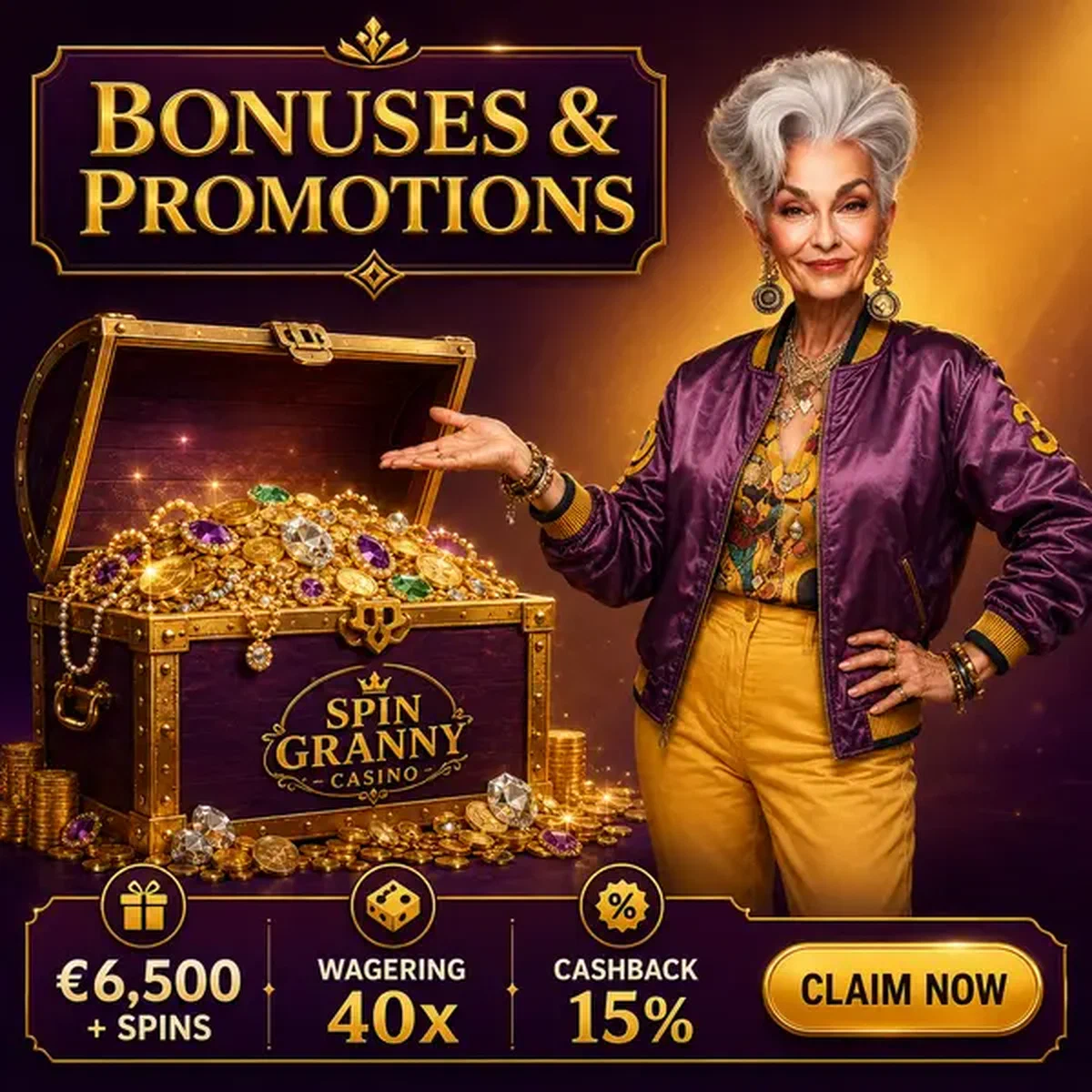 Elegante Frau präsentiert Bonus-Schatztruhe in der Spin Granny Aktionshalle