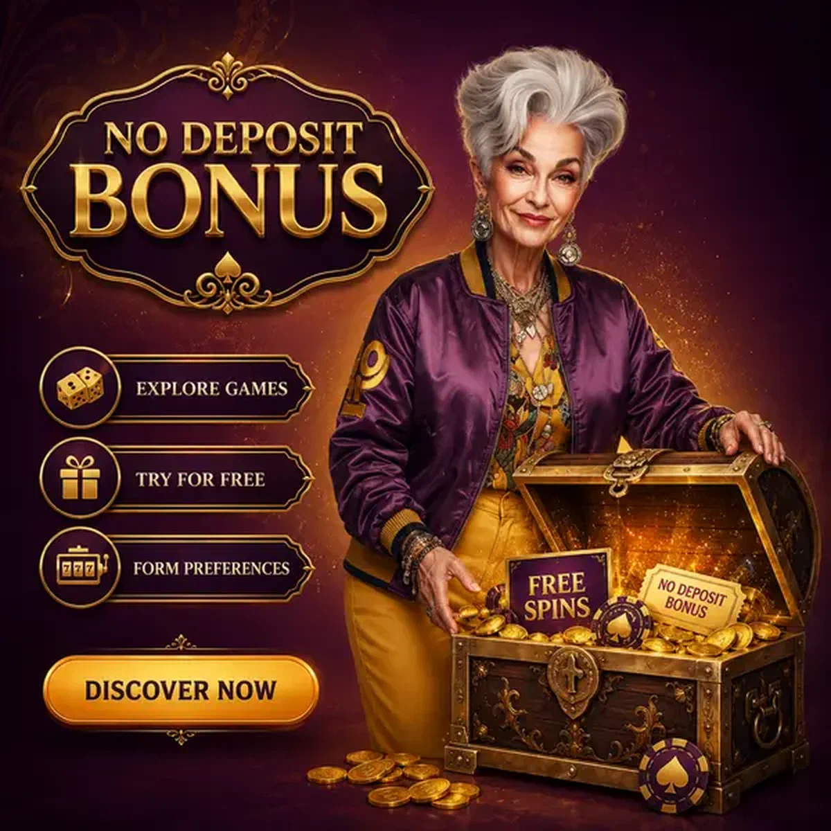 Elegante Frau enthüllt Bonus ohne Einzahlung Schatztruhe im Spin Granny Casino Portal
