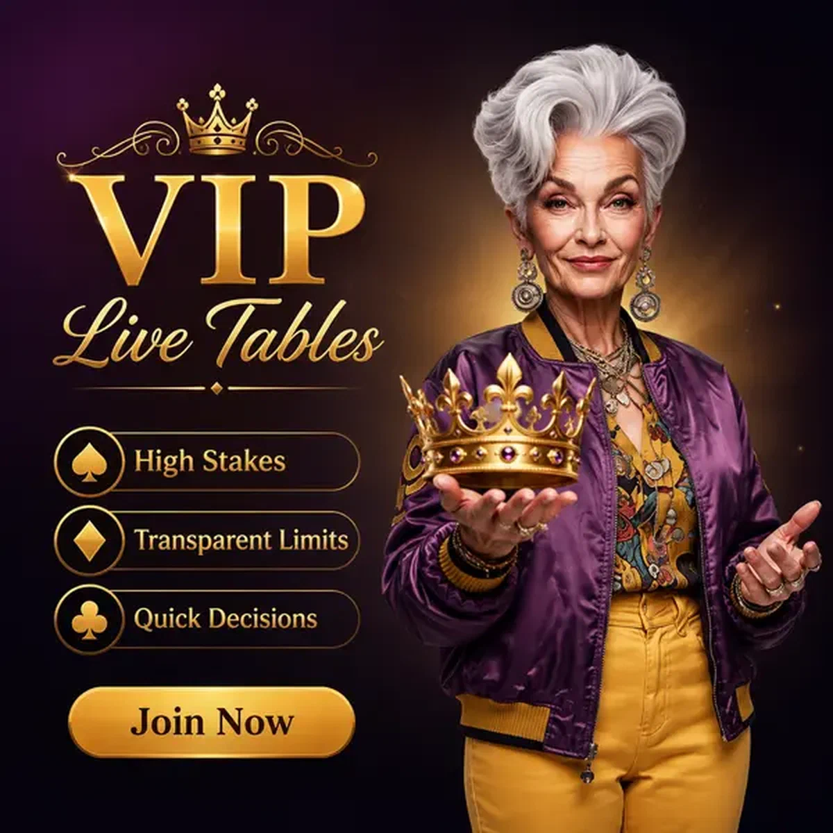 Elegante Frau präsentiert VIP-Live-Tische und High-Stake-Zugang-Krone im Live-Casino-Studio