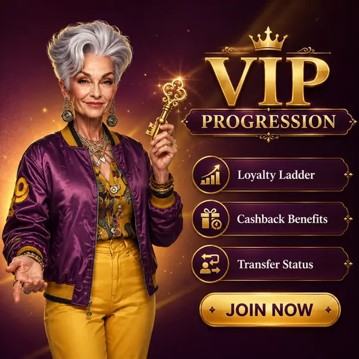 Card Shark Charakter hält goldenen Schlüssel, um VIP-Fortschrittsbelohnungen freizuschalten bei VIP-Fortschritt und langfristige Cashback-Belohnungen Casino
