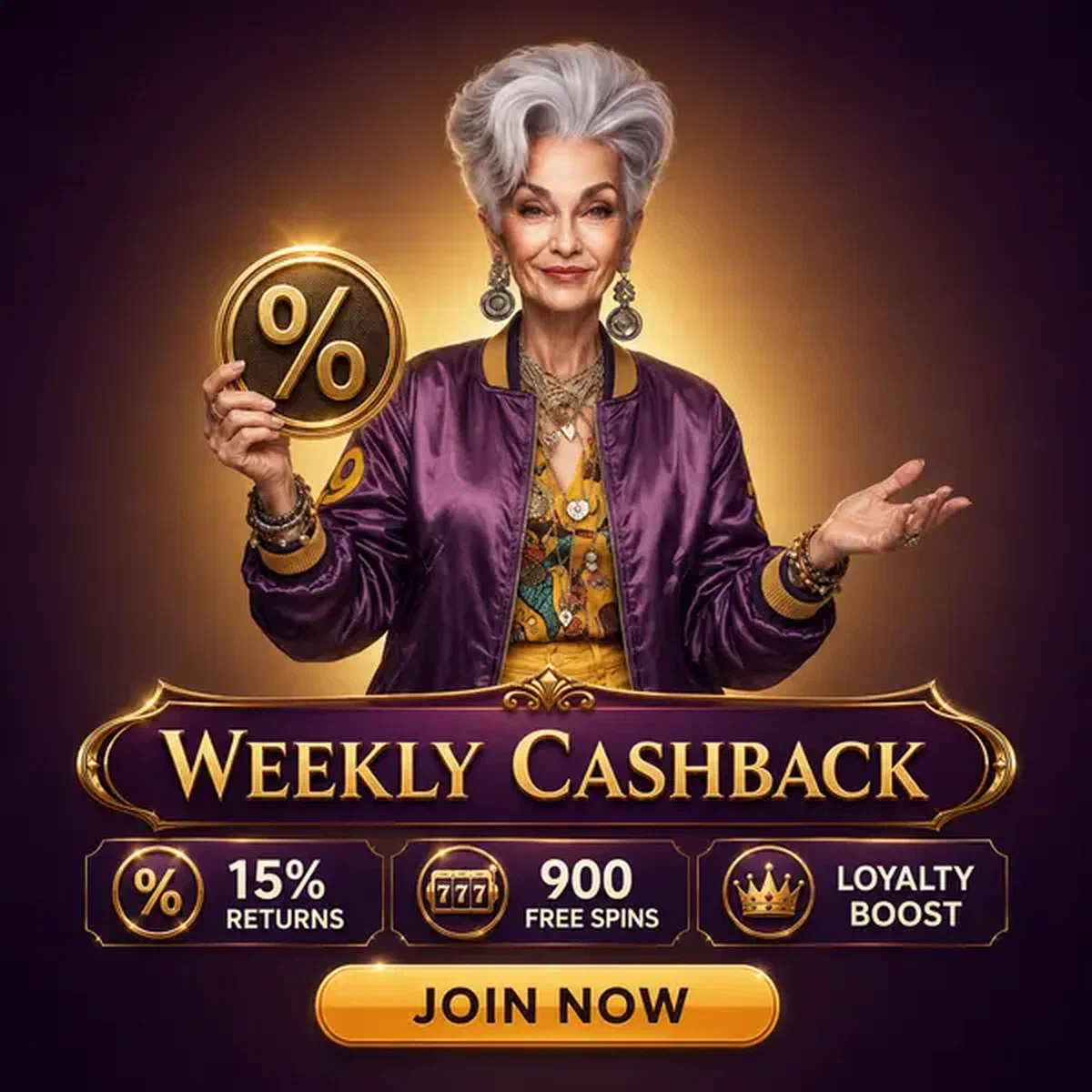 Elegante Frau hält goldenes Prozent-Emblem, das wöchentliche Spielautomaten-Cashback-Belohnungen darstellt