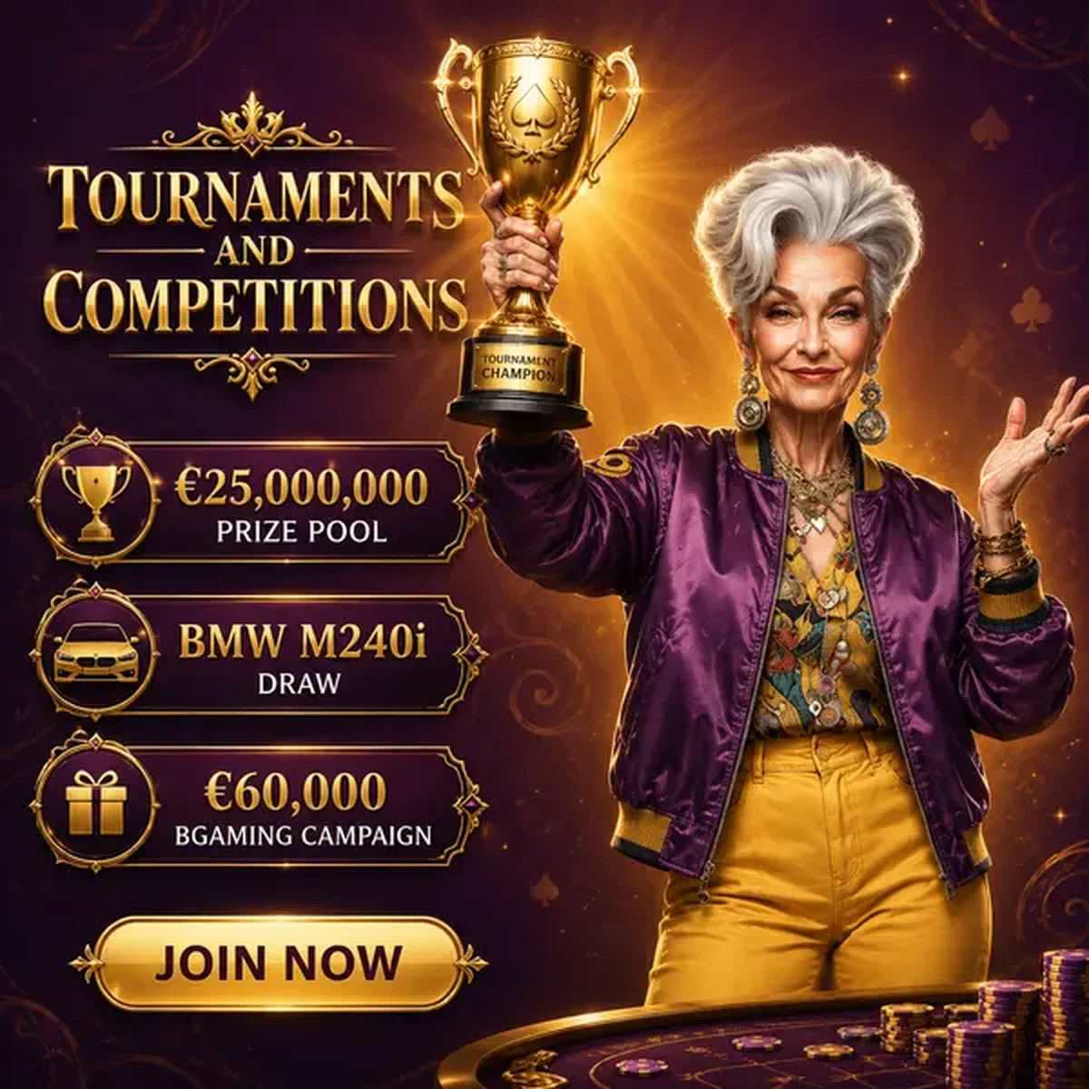 Spin Granny hält goldene Trophäe zur Feier von Turniersiegen und Wettbewerben