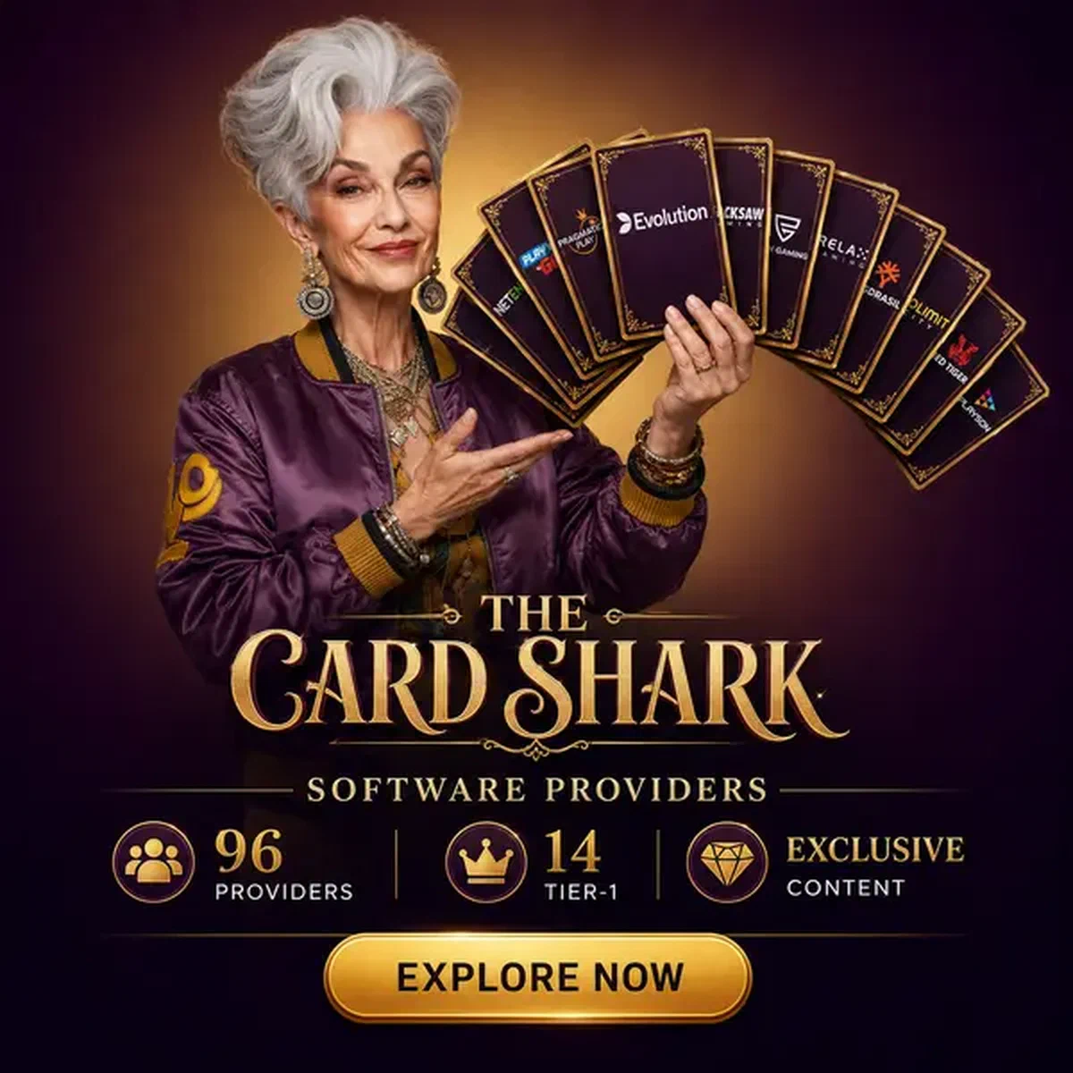 Eleganter Card Shark präsentiert Softwareanbieter bei Spin Granny Casino mit gefächerten Spielkacheln
