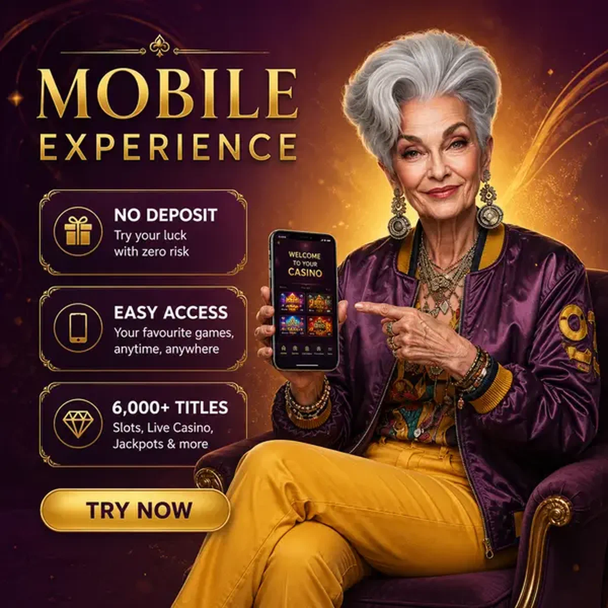Der Card Shark demonstriert die Spin Granny Mobile App mit selbstbewusstem Charme und goldener Eleganz